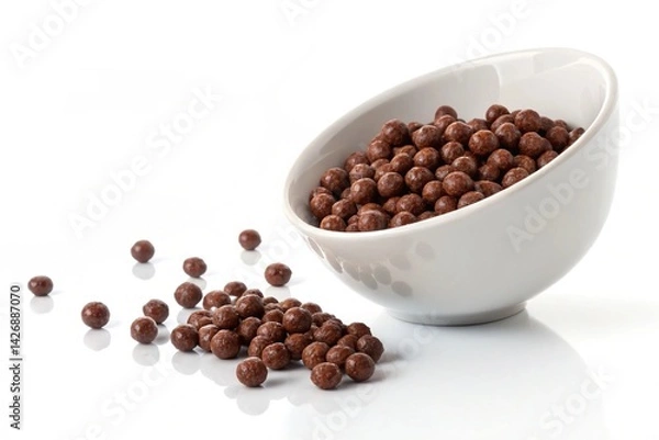 Fototapeta Decadent Chocolate Cereal Balls: A Tempting Overflow of Sweetness from a Glossy White Bowl. Perfect for breakfast, snack, or dessert advertising. High-resolution image, ideal for food blogs,          