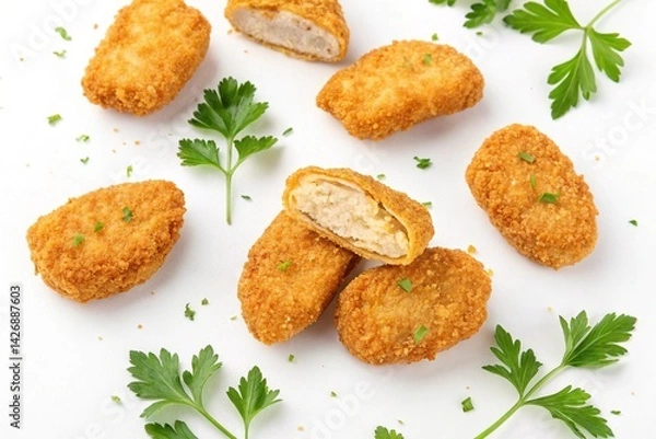 Fototapeta Golden, Crispy Breaded Chicken Nuggets: A Delicious Close-Up Shot of Perfectly Cooked Chicken Nuggets, Garnished with Fresh Parsley, Set Against a Clean White Background. Ideal for Restaurant Menus,  