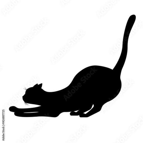 Obraz Silhouette of a black cat stretching, isolated on a white background.Vector illustration of a pet.