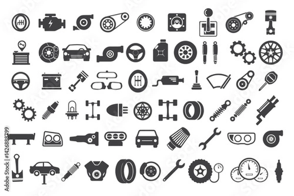Fototapeta A set of car parts and automotive accessories in vector format. Ideal for repair shop designs, mechanic branding, and car-related infographics.