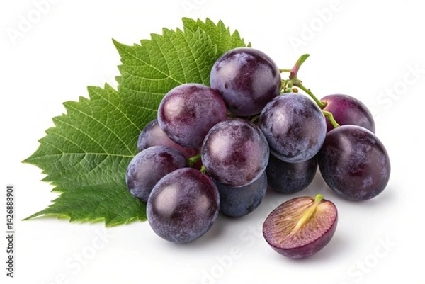 Fototapeta Juicy Concord Grapes: Close-up of plump, dark purple grapes with glossy skin and vibrant green leaves, set against a pristine white background. Perfect for food blogs, recipes, packaging, and healthy 