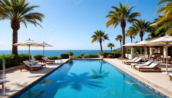 Fototapeta The luxurious swimming pool area is surrounded by palm trees and overlooks the tranquil sea under a clear blue sky