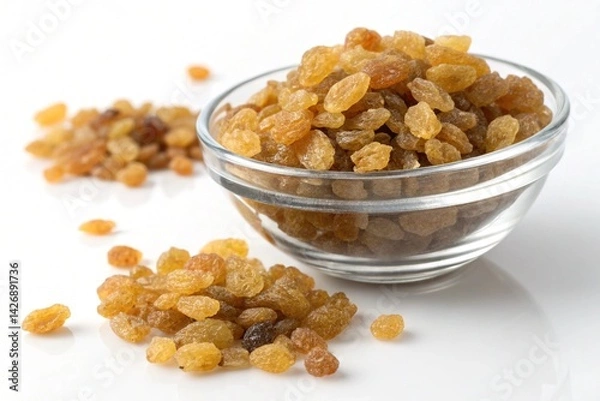 Fototapeta Golden Raisins: A Close-Up of Sweet, Sun-Dried Delight in a Crystal Bowl. Rich, amber-toned raisins, plump and juicy, spill invitingly from the glass bowl onto a clean, bright surface. Perfect for    