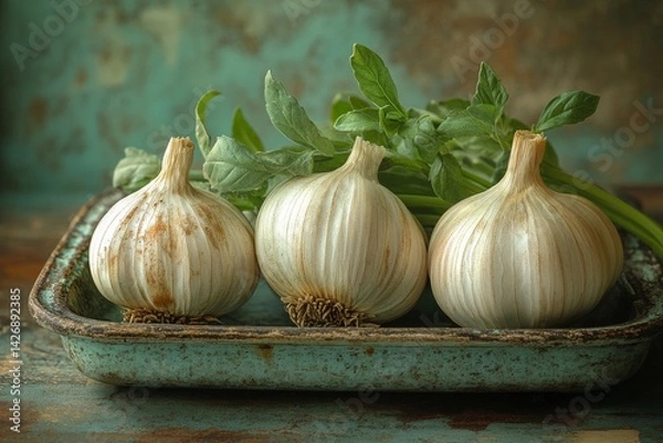 Fototapeta Organic garlic bulbs with fresh green stems, rustic texture and vibrant colors, soft natural light highlighting the details of the garlic and herbs 