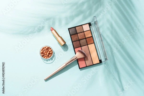 Obraz Make up products on blue background with palm shadows. Cosmetic palette, brushes and lipstick.