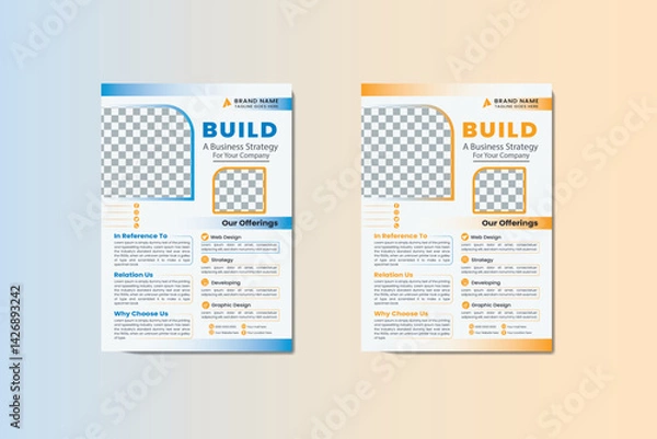 Obraz Modern Business Strategy Flyer Template Design – Corporate Brochure Layout in Blue and Orange Variants