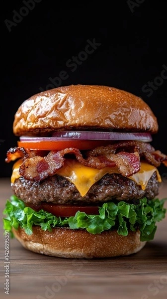 Fototapeta Mouthwatering Double Cheeseburger with Crispy Bacon, Fresh Vegetables, on Wooden Table