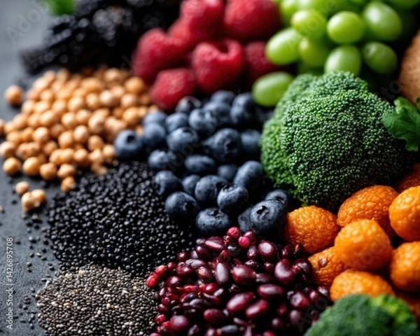 Fototapeta Close-up of a colorful, healthy meal plan with various fruits and vegetables - assortment plan variety ripe close-up