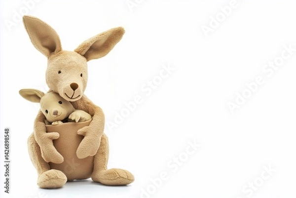 Fototapeta Soft toy kangaroo with a baby kangaroo isolated on white background, generated AI