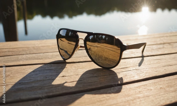 Fototapeta A pair of sunglasses sits on top of a wooden table, ready to be used