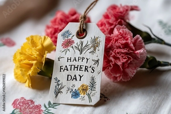Obraz A "Happy Father's Day" message written on a botanical paper tag, framed by bright red and yellow carnations, laid on a soft cream-colored fabric adorned with colorful botanical prints.