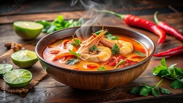 Obraz Spicy Tom Yum Soup with Shrimp and Mushrooms, Authentic Thai Cuisine