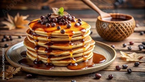 Obraz Decadent chocolate chip pancakes with maple syrup, indulgent breakfast treat