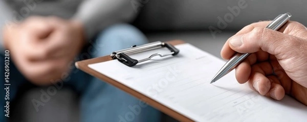 Obraz Close-up of hands and clipboard during a supportive counseling session - partnership improvement consultation comfort progress