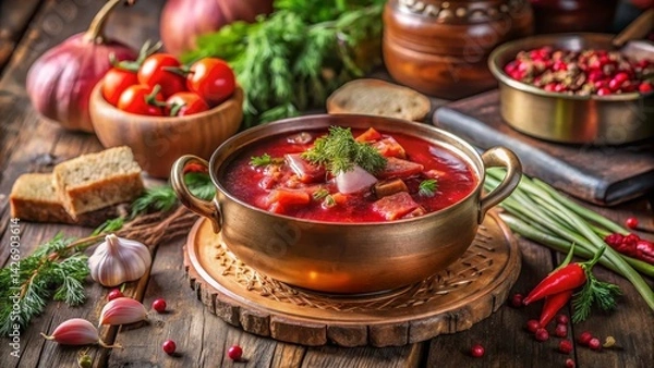 Obraz Hearty Borscht with Meat and Vegetables in Traditional Copper Pot with Dill Garnish