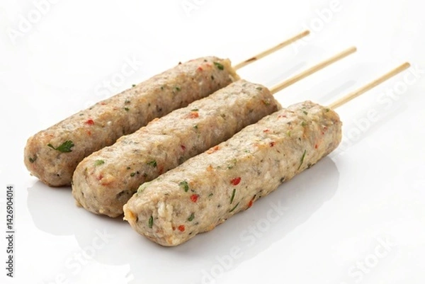 Fototapeta Delicious Grilled Meat Kebabs: Upscaled Image of Aromatic, Herb-Seasoned, Light Brownish-Gray Kebabs on Wooden Skewers, Perfect for Restaurant Menus, Food Blogs, and Culinary Websites. High-resolution