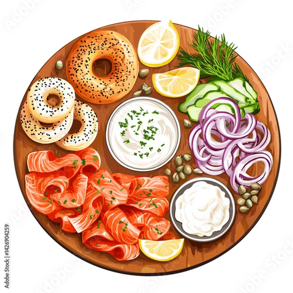 Obraz Bagel and Lox Brunch Board with Cream Cheese and Capers
