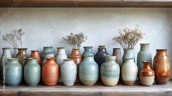 Obraz Artistic arrangement of stoneware pottery photographed in a modern minimalist studio with softbox lighting creating a gentle contrast between the matte finish of the pottery and the clean background