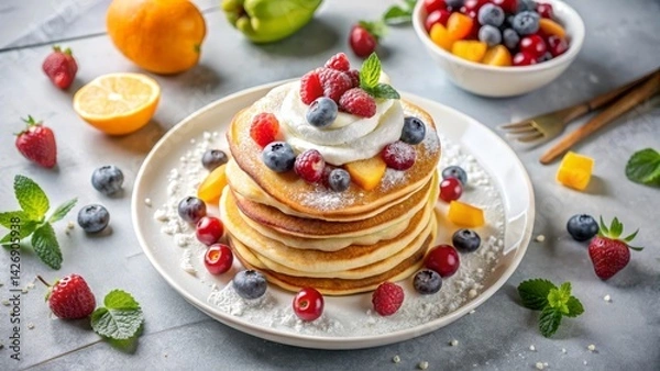 Obraz Fluffy stack of pancakes with whipped cream and fresh fruit, decadent breakfast treat