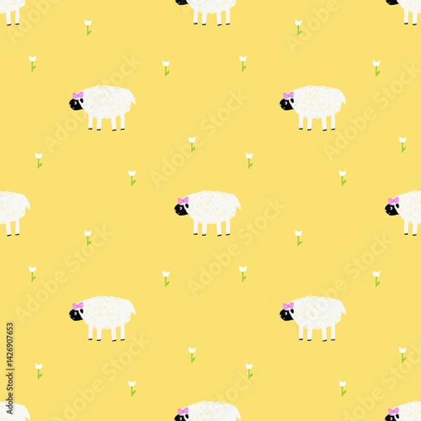 Obraz seamless pattern with cute sheep in naive kids style and little flowers. Kids fabric texture, print for nursery, baby clothing.