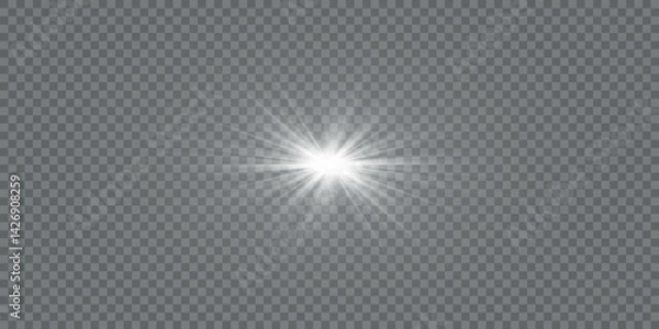 Fototapeta White glowing light explodes on a transparent background. with ray. Transparent shining sun, bright flash. Special lens flare light effect. 