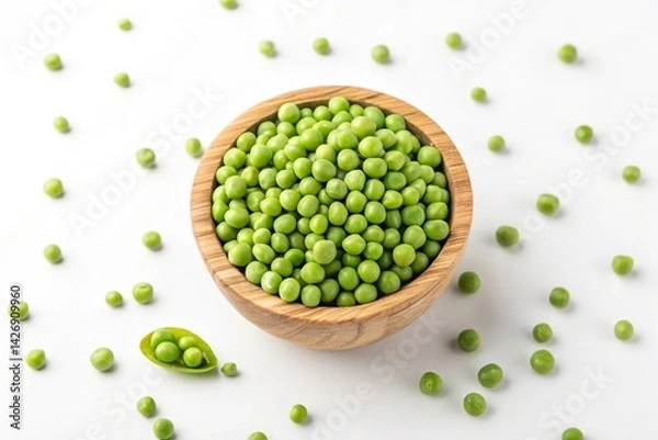 Fototapeta Vibrant Green Peas: Fresh, Organic, and Ready to Eat! A delightful image showcasing plump, juicy peas in a rustic wooden bowl, scattered peas add to the visual appeal. Perfect for food blogs, recipe  