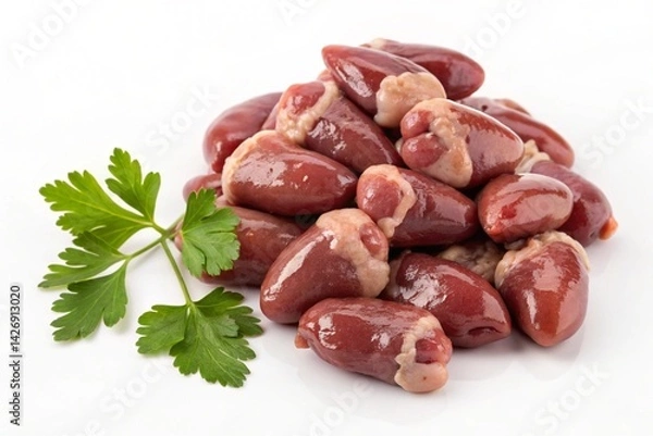 Fototapeta Juicy Raw Chicken Hearts: Gourmet Food Photography. High-resolution image showcasing the detailed texture of fresh chicken hearts, garnished with vibrant green parsley. Perfect for culinary blogs,    