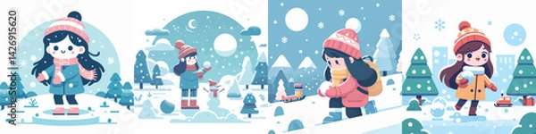 Fototapeta vector character of a girl playing in the snow