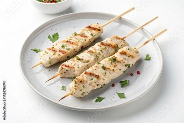 Fototapeta Delicious Grilled Chicken Kebabs: Aromatic spices, juicy chicken, perfectly grilled on wooden skewers, served on a pristine white plate. Upscaled image for vibrant, high-resolution use in food blogs, 