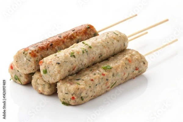 Fototapeta Sizzling Summer BBQ: Perfectly Grilled Meat Kebabs on Wooden Skewers, Glistening with Juicy Flavor, Ready to be Devoured. Upscaled high-resolution image showcasing delectable, evenly cooked meat,     