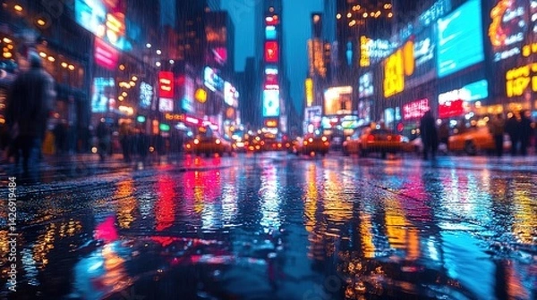 Fototapeta Rain-soaked Times Square: A blur of lights and reflections on a