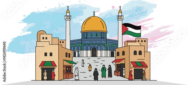 Obraz Al-Aqsa Mosque. Qibli Mosque. Vector illustration. Islamic Palestine historic landmarks and sightseeing. Vector illustration.
