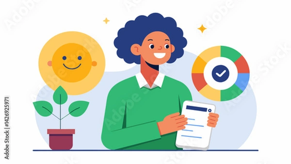 Obraz A person looking at their credit score with a big smile now that their student loans are no longer dragging it down.. Vector illustration