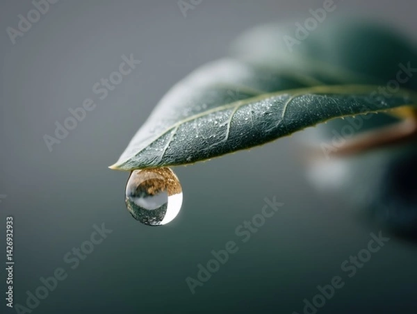 Fototapeta Captivating dew drop clinging to leaf showcasing nature's reflective beauty