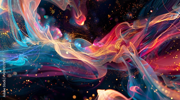 Fototapeta A vibrant abstract artwork featuring flowing colorful smoke and sparkling golden particles on dark background .