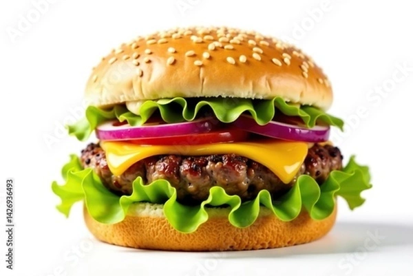 Fototapeta Burger isolated on white, sesame seeds visible, HD, food, isolated