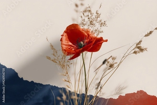 Obraz simple Memorial Day message, layout with poppy flower and subtle flag overlay.
