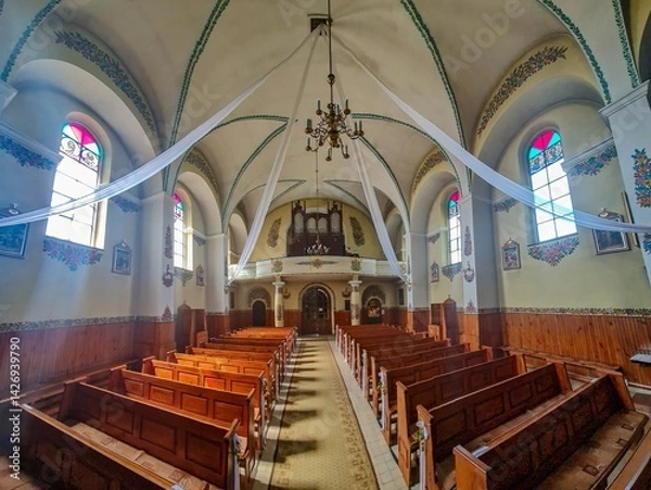 Obraz Shot of the interior of the church in Zalipie village with colorful floral decorations