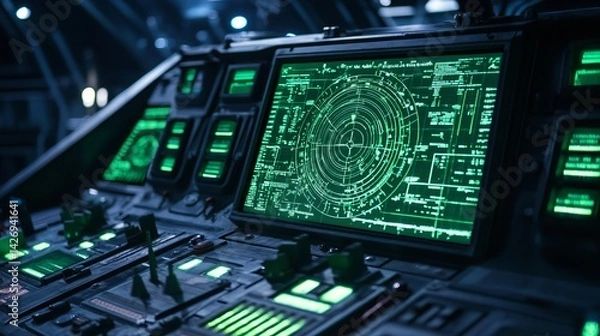 Fototapeta A modern ship's bridge features a radar screen, its green display illuminating the captain's station.
 