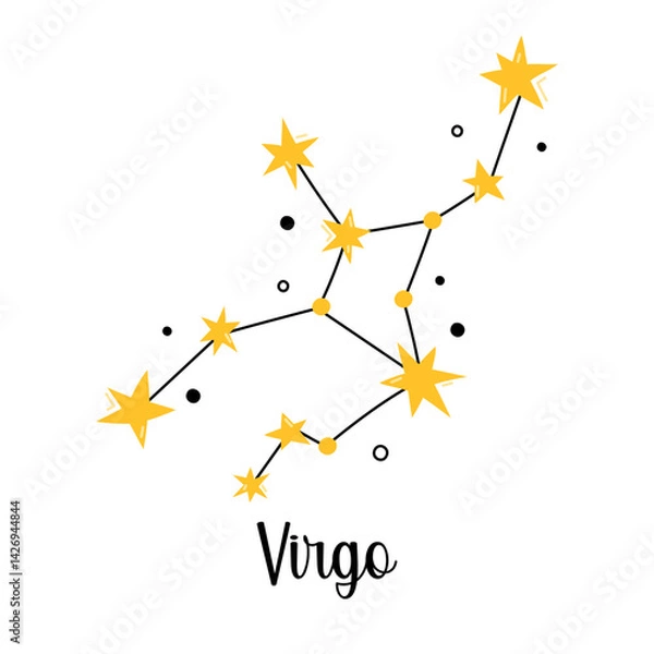 Fototapeta Virgo Zodiac constellation. Vector isolated astrological sign, symbol, element. Constellation scheme with cute stars and doodles. Simple design of clipart illustrations