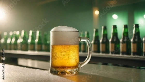 Obraz Cold beer in glass on counter desk pub., a lots of bottles in the background. Generated AI