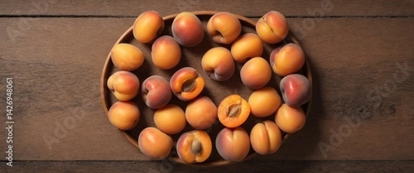 Obraz Apricot fruits on wooden rustic table. Top view flat lay
