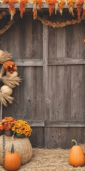 Obraz Autumn-Themed Background Backdrop Fall Flowers, Pumpkins, Gourds, Hay Bales,