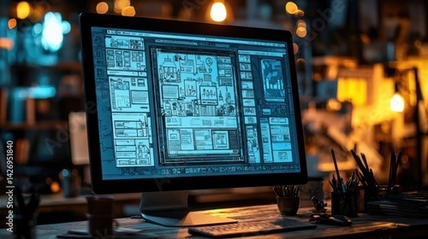 Fototapeta Graphic designer working late on a comic book layout in a dimly lit studio