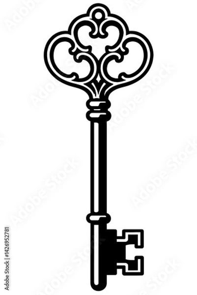 Obraz Vector illustration of an ornate, vintage-style key in black and white with intricate details on the bow and wards. Represents security, access, and history.
