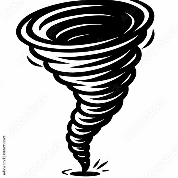 Obraz Vector illustration of a swirling tornado or twister in black and white, touching the ground. Represents severe weather, natural disaster, and a dramatic graphic style.