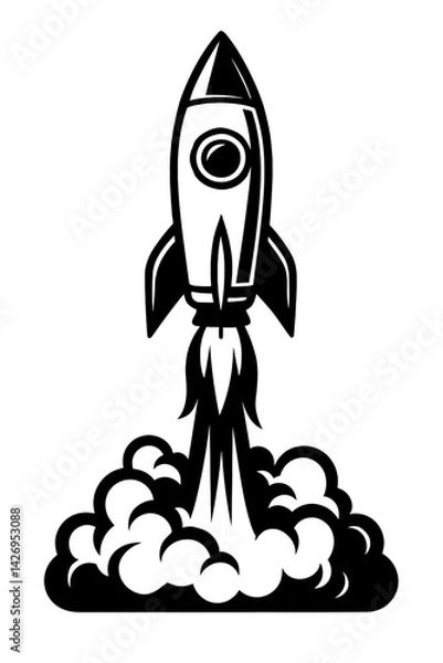 Fototapeta Vector illustration of a rocket ship launching with flames and smoke in black and white. Represents space travel, innovation, and new beginnings.
