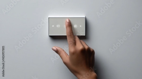 Fototapeta Elegant smart home control panel interface operation on neutral gray backdrop