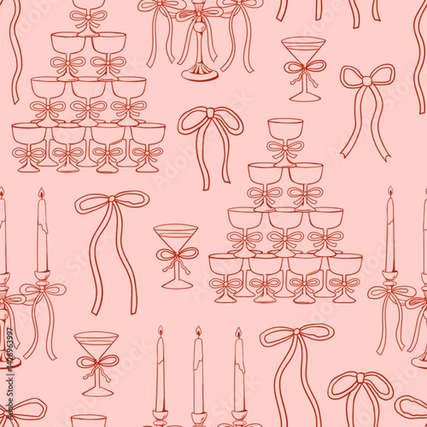 Fototapeta Vintage seamless pattern with champagne towers, candelabra and bows. Holiday vector hand drawn background with pyramid of glasses