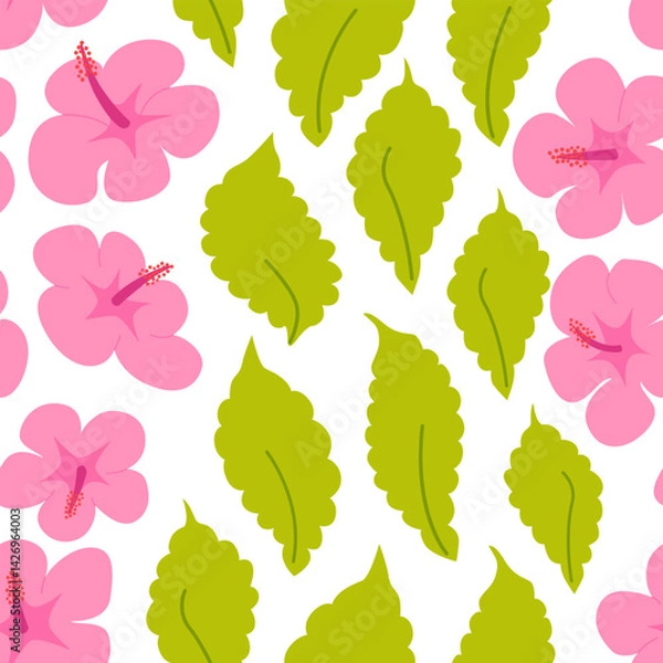 Fototapeta Summer tropical seamless pattern with hibiscus flowers and leaves. Botanical blossom vector flat background